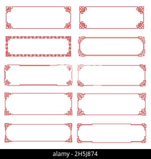Rote Knoten asiatische Rahmen und Grenzen. Koreanische, chinesische und japanische rechteckige Rahmen mit endlosen Vintage-Vektorlinien-Ornamenten, alte orientalische Grenze Stock Vektor