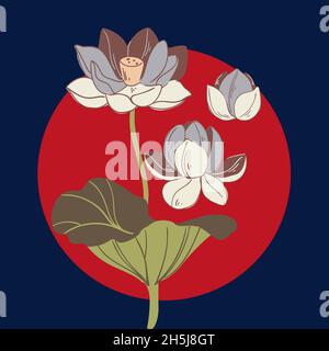 Vektor-Set von Hand gezeichneten Lotusblumen und Blätter. Skizze florale Botanik-Kollektion in farbiger Grafik Stockfoto