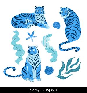 Set von Erwachsenen großen blauen Tiger Tierwelt und Fauna Thema Cartoon Tier Design flache Illustration isoliert auf weißem Hintergrund Stockfoto