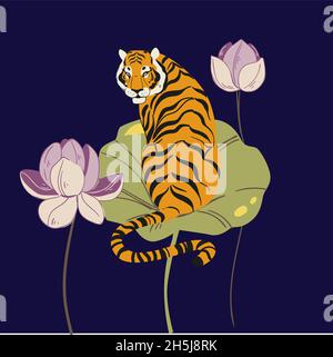 Amur Tiger sitzt auf Lotus isoliert auf weißem Hintergrund. Vector Tiger Seitenansicht. Stockfoto