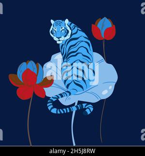 Amur Tiger sitzt auf Lotus isoliert auf weißem Hintergrund. Vector Tiger Seitenansicht. Stockfoto