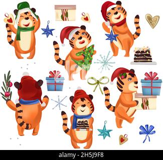 Weihnachtskollektion mit niedlichen Tigern, Weihnachtsstern, Schokoladenkuchen, Geschenke, Weihnachtsbaum, Cookies. Verschiedene Tiger das Symbol des Jahres 2022. Konzept Weihnachten und Neujahr. Vektorgrafik. Stock Vektor