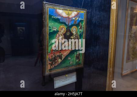 Krippenikone im Museum des Klosters Aladzha, mittelalterlicher orthodoxer Höhlenklosterkomplex im Nordosten Bulgariens Stockfoto