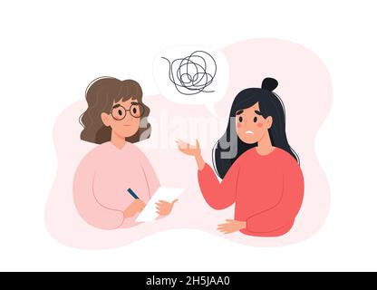Konzept der psychischen Gesundheit - Frau im Gespräch mit Psychologin über ihre Probleme. Vektorgrafik im flachen Stil Stock Vektor