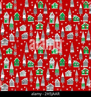 Weihnachten nahtlos mit Häusern und Bäumen auf rotem Hintergrund Stock Vektor