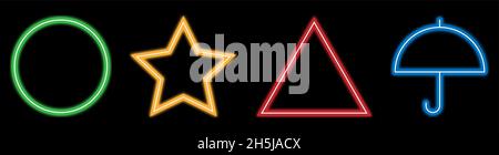 Neon-Formen: Grüner Kreis, rotes Dreieck, gelber Stern, blaue Regenschirmformen. Design von Squid Spiel. Vektor glühendes Zeichen auf dunklem Hintergrund isoliert Stock Vektor