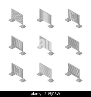 Satz von isometrischen spannt Betonzaun von verschiedenen Formen. Isoliert auf weißem Hintergrund. Elemente von Gebäuden und Landschaftsgestaltung, Vektordarstellung Stock Vektor