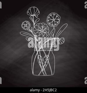 Blumen in einem Glas. Bouquet isoliert auf weißem Hintergrund. Vektorgrafik im Skizzenstil. Stock Vektor