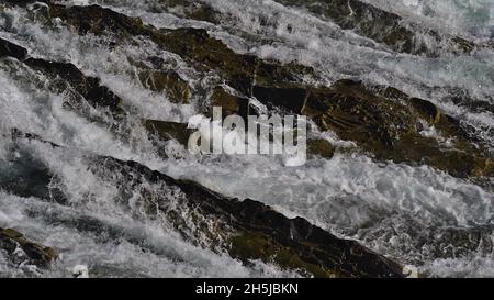 Nahaufnahme des wilden Bow River bei Bow Falls in der Nähe von Banff, Banff National Park, Alberta, Kanada in den Rocky Mountains mit sprühenden Wasser. Stockfoto