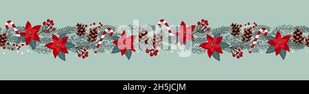 Schöne Weihnachten nahtlose Muster mit Zweigen, Blumen und Dekoration, niedlich und festliche Hintergrund, ideal für Textilien, Verpackung, Banner, Tapete Stock Vektor
