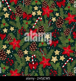 Schöne Weihnachten nahtlose Muster mit Zweigen, Blumen und Dekoration, niedlich und festliche Hintergrund, ideal für Textilien, Verpackung, Banner, Tapete Stock Vektor