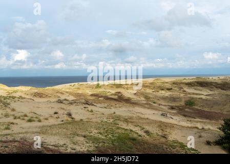 Herrlicher Blick auf die sandigen Grauen Dünen an der Kurischen Nehrung. Das Konzept von Tourismus und Erholung. Stockfoto