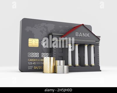 3d-Rendering von Kreditkarten mit Bankgebäude. Clipping-Pfad enthalten Stockfoto