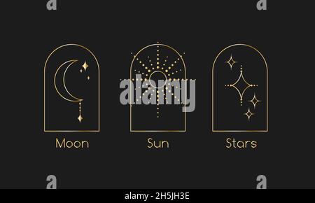 Linienkunst Mond, Sonne, Sterne Zeichen und Symbole. Mystische goldene Vektor-Logos, Tattoos, Karten Stock Vektor