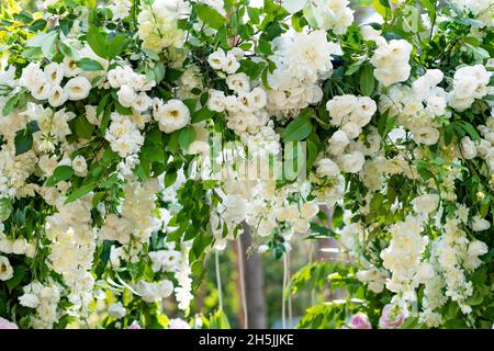 Bogen für eine Hochzeitszeremonie aus frischen Blumen in weiß, Nahaufnahme. Weicher, selektiver Fokus. Stockfoto