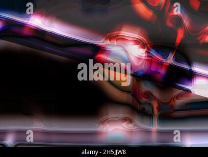 Fantastische, abstrakte, futuristische Nachtszene. Science-Fiction-Verkostung. Schwarz, violett, rot, weiß, lebendige Farben. Stockfoto