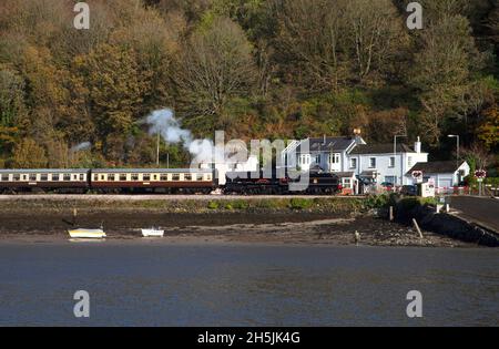 Dartmouth Dampfeisenbahn Lokomotive Lokomotiven Wagen Herbst verlässt Ebene überqueren Fluss Dart Devon Kopie Raumboote Fischer Stockfoto