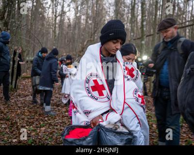 Narewka, Polen. November 2021. Jugendliche aus Dohuk wärmen sich mit roten Kreuzdecken der Organisation Grupa Granica auf.Eine siebzehnköpfige Flüchtlingsfamilie, darunter neun Kinder aus Dohuk, Irak, verbrachte siebzehn Tage in einem Wald an der Grenze zu Weißrussland und wurde achtmal zurückgeschoben. Verzweifelt mit einem sieben Monate alten Baby und einer älteren Frau mit Beinproblemen beschlossen sie, Aktivisten um Hilfe zu bitten. Kredit: SOPA Images Limited/Alamy Live Nachrichten Stockfoto