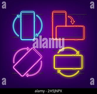Drehen Sie das isolierte Symbol des Smartphones. Neonsymbol. Symbol für die Geräterichtung. Schalten Sie das Gerät ein. Vektorgrafik Stock Vektor
