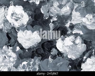 Schwarze und weiße abstrakte Blumen, Kunstmalerei, kreative handbemalte Hintergrund, Pinsel Textur, Acrylmalerei. Moderne Kunst. Zeitgenössische Kunst Stockfoto