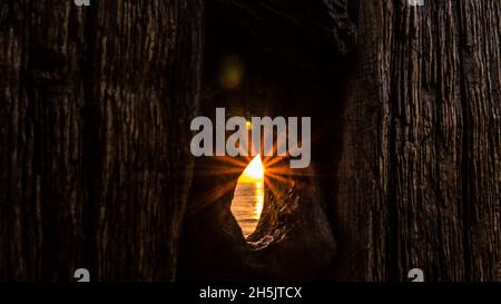 Sonnenstrahlen, die durch ein Loch in der Boje leuchten. Am Ostseestrand bei Zingst Stockfoto