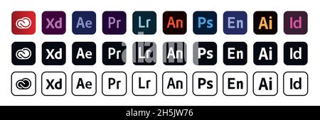 Kiew, Ukraine - 6. November 2021: Logo-Satz von adobe-Produkten. Redaktionelle Vektorgrafik. Stock Vektor