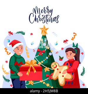 Junge mit Geschenk und Mädchen mit Ingwerbrot in Ferienkostümen in der Nähe von Weihnachtsbaum. Glückliche Kinder, die sich auf die Neujahrsfeier vorbereiten. Vektor flach Cartoon ch Stock Vektor
