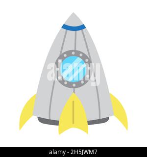 Space Rakete Schiff, niedliche Illustration in Cartoon flachen Stil. Gründeridee des Unternehmens. Raumfahrt, Raumschiff. Shuttle, UFO-Schiff. Drucken für Kinder Stock Vektor