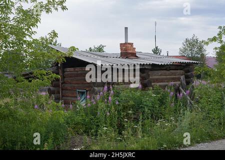 Ein altes Holzhaus mit grünen Bäumen und hohem Gras. Auf dem Hintergrund des Himmels mit Wolken. Hochwertige Fotos Stockfoto