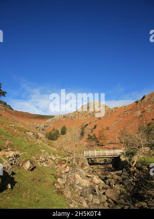 Fußgängerbrücke über die Stickle Ghyll im Lake District Nationalpark, Cumbria, England, Großbritannien. Stockfoto