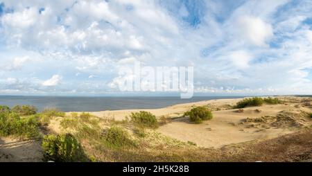 Herrlicher Blick auf die sandigen Grauen Dünen an der Kurischen Nehrung. Das Konzept von Tourismus und Erholung. Stockfoto