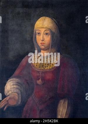 Isabella die Katholikin, Isabel la Católica 1451 - 1504. Königin von Kastilien und von Aragon. Gemälde von A. Pérez Giráldez, nach einem früheren Werk. La Rabid Stockfoto
