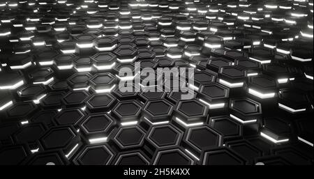Schwarz und Weiß. Hexagon abstrakt. 3d-Animation. Sechskant mit Leuchten Stockfoto