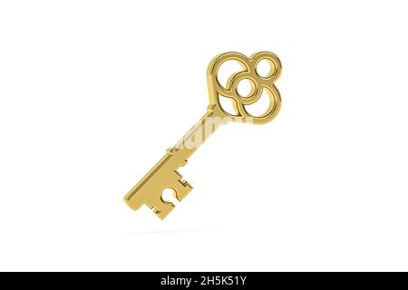 Goldenes 3d-Schlüsselsymbol auf weißem Hintergrund isoliert - 3d-Rendering Stockfoto