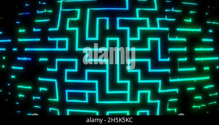 Labyrinth mit leuchtendem Boden abstrakt grün 3d-Illustration Stockfoto