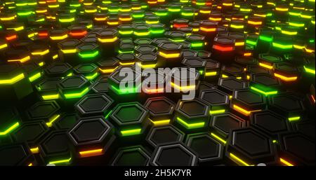 Grüne und rote Nahaufnahme. Sechseckiger abstrakter Hintergrund. Sechseckige Struktur 3d-Illustration Stockfoto