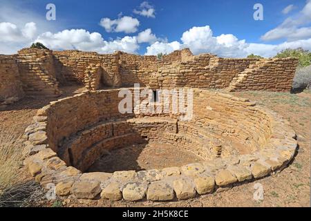 Kiva, eine Steinstruktur, die von Puebloans als zeremonieller oder politischer Treffpunkt im Mesa Verde National Park genutzt wird Stockfoto