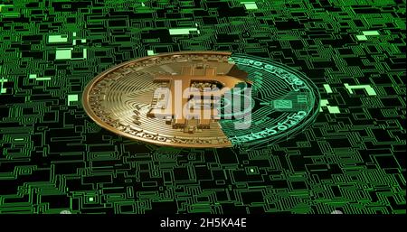 bitcoin-Symbol auf Green Tech Hintergrund Emission 3D-Abbildung Stockfoto