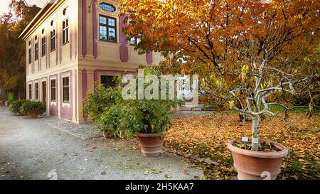 Herbstliche Ansicht des barocken Slalettl, ehemaliges Sommerhaus der Äbte des Klosters Weihenstepher in Freising, aus erzwungener Perspektive gemalt Stockfoto