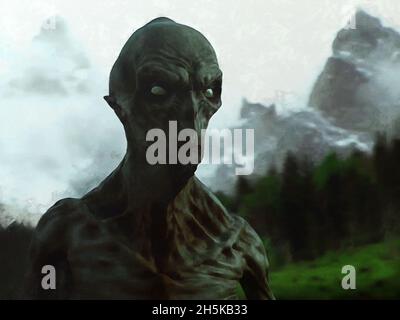 Alien auf dem Hintergrund von Bergen und Wald. Künstlerische Arbeit Stockfoto