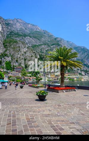 Limone sul Garda - Hafendorf am Gardasee mit schöner Berglandschaft, Italien - Reiseziel Stockfoto