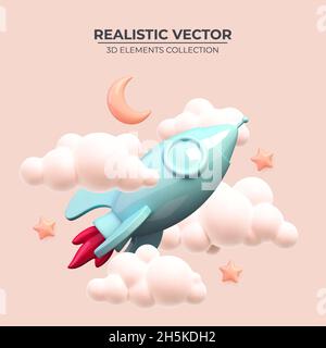 Raketenschiff im Weltraum um die Halbmond und Sterne. Realistische 3d-Rakete. Vektorgrafik mit fliegendem Shuttle. Raumfahrt. Weltraumrakete. Starten Sie ein neues Projekt-Start-up-Konzept. Vektorgrafik Stock Vektor