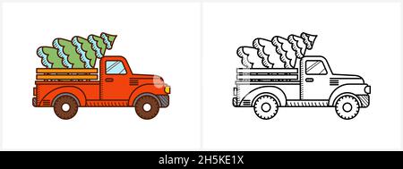 Weihnachten Pickup LKW Färbung Seite für Kinder Stock Vektor