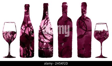 Abbildung von Flasche und Glas Wein mit Aquarellpinsel. Hintergrundstruktur und Farbe von Rotwein. Künstlerische Weinzeichnung. Stockfoto