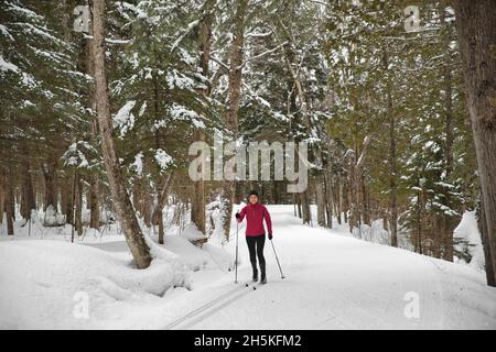 Langlauf Frau im klassischen Stil Nordic Skifahren im Winter tun Wintersport Aktivität im Schnee auf Langlauf in schönen verschneiten Stockfoto