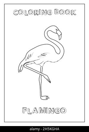 Bild ausmalen für Kinder Flamingo. Druckbereit, Papierformat A4. Schwarz und Weiß, in Vektor gemacht. Stock Vektor