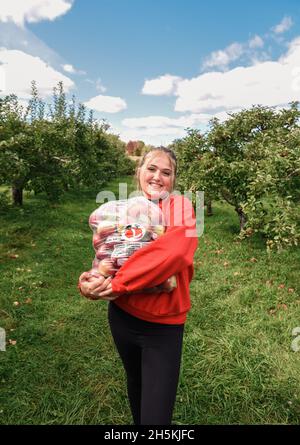 Happy teen Mädchen hält Beutel mit frisch gepflückten Äpfeln in einem Obstgarten. Stockfoto