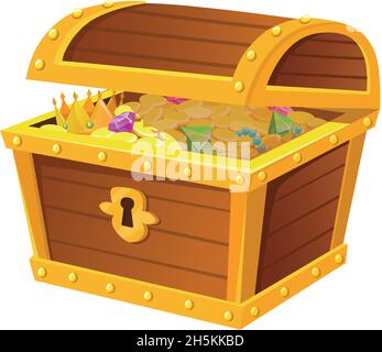 Brust aus Gold. Lichtstrahl fällt auf Schätze, hinterlegen mittelalterliches Bargeld, Vektorgrafik isoliert auf weißem Hintergrund Stock Vektor