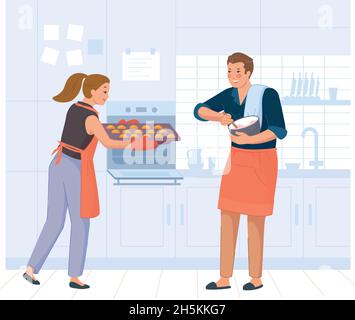 Paar bereiten gemeinsam Backwaren zu. Familie Kochen Kuchen oder Essen in der Küche, Essen Abendessen, Hausmahlzeit, Küchentisch, Vektor-Illustration isoliert auf weißem Hintergrund Stock Vektor