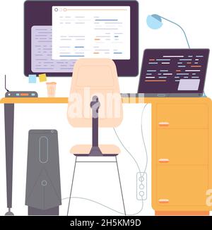 Entwicklerarbeitsplatz. Computer für die Programmierung, arbeitete Laptop für das Schreiben von Code, Vektor-Illustration isoliert auf weißem Hintergrund Stock Vektor